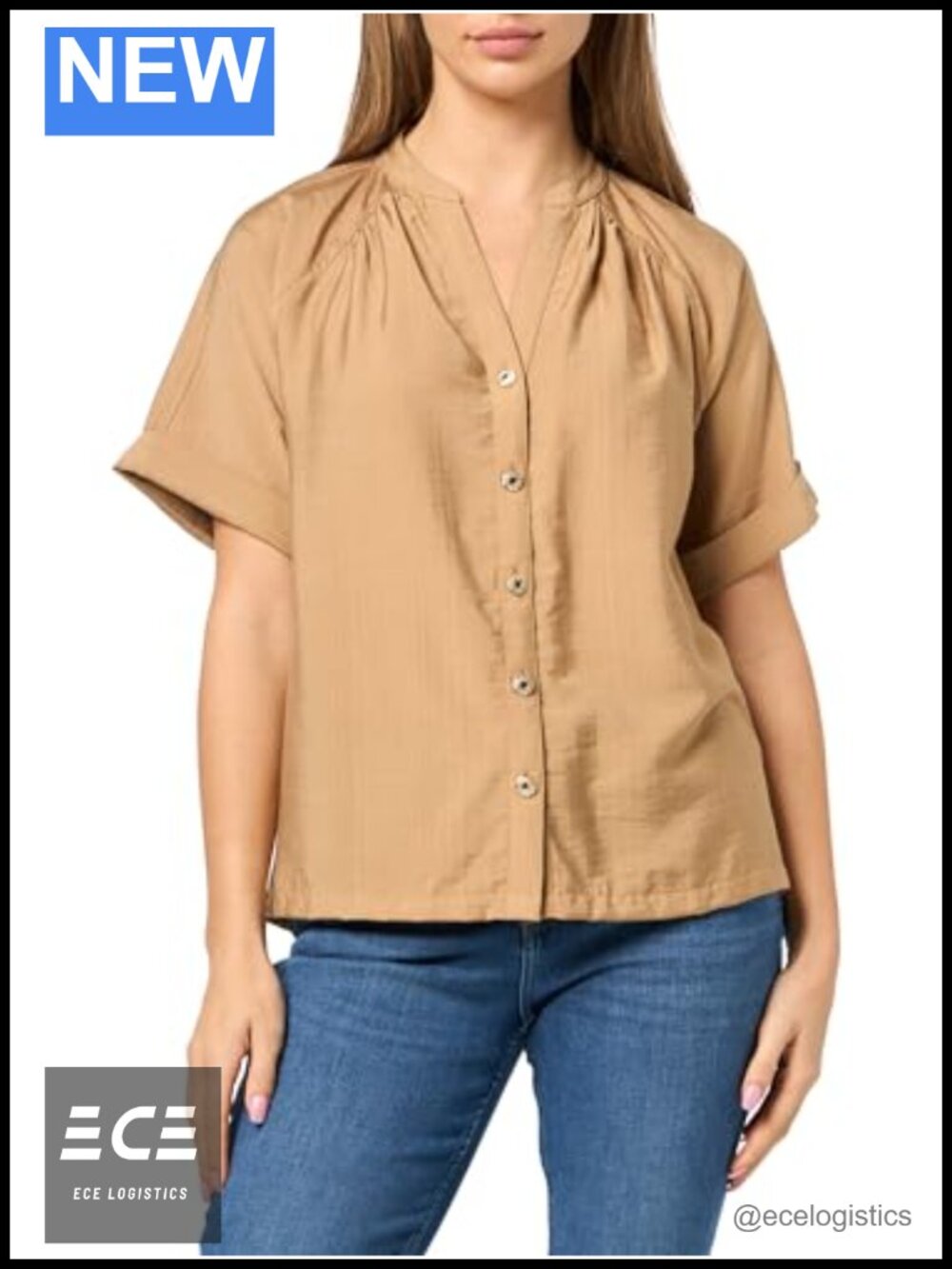 Slub Rayon Short Sleeve V-Neck Blouse Relaxed Fit Lightweight Work Top